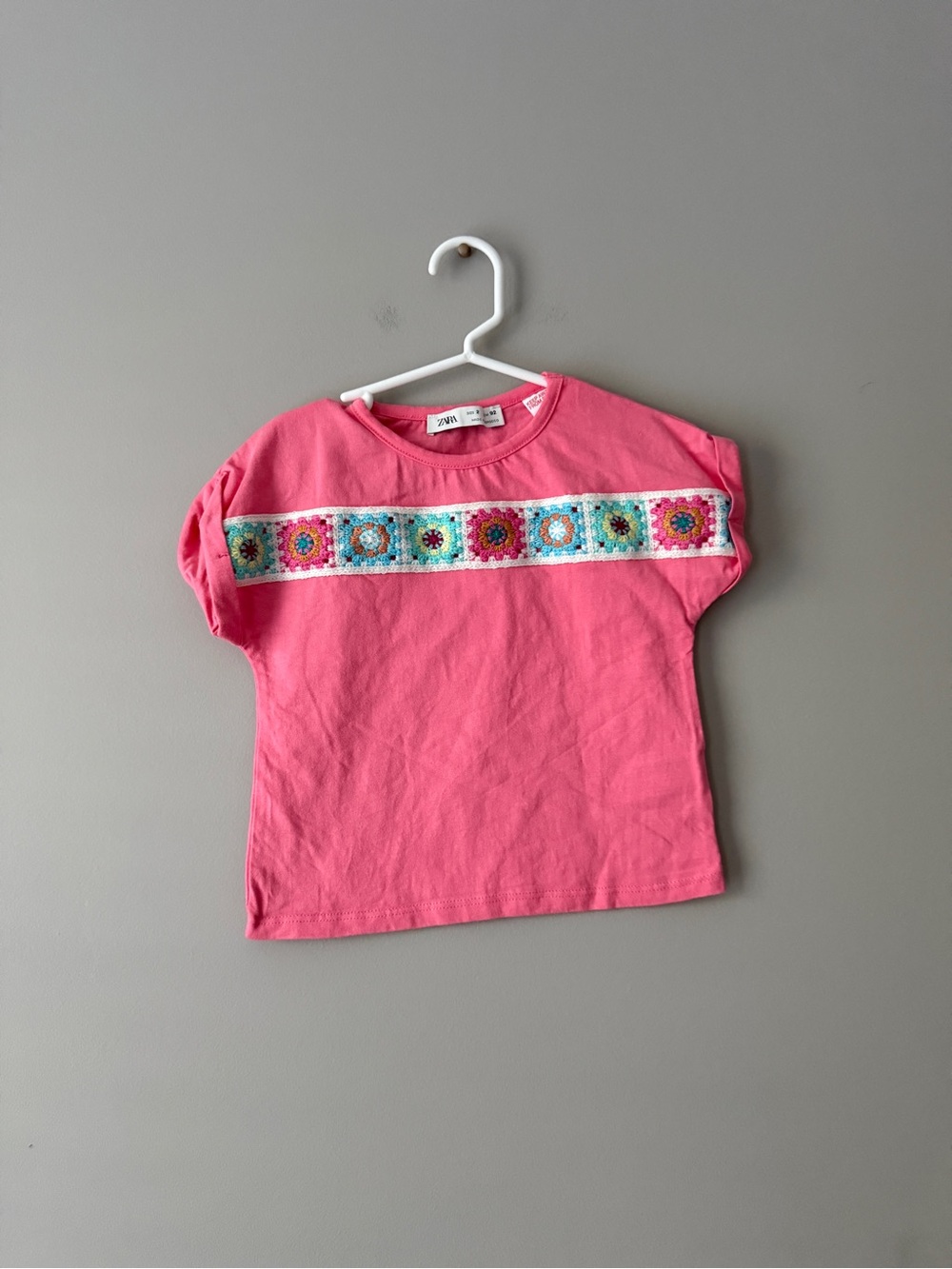 Zara 2 years Bright Pink Short Sleeve Tee with Multicolor Embroidered Band